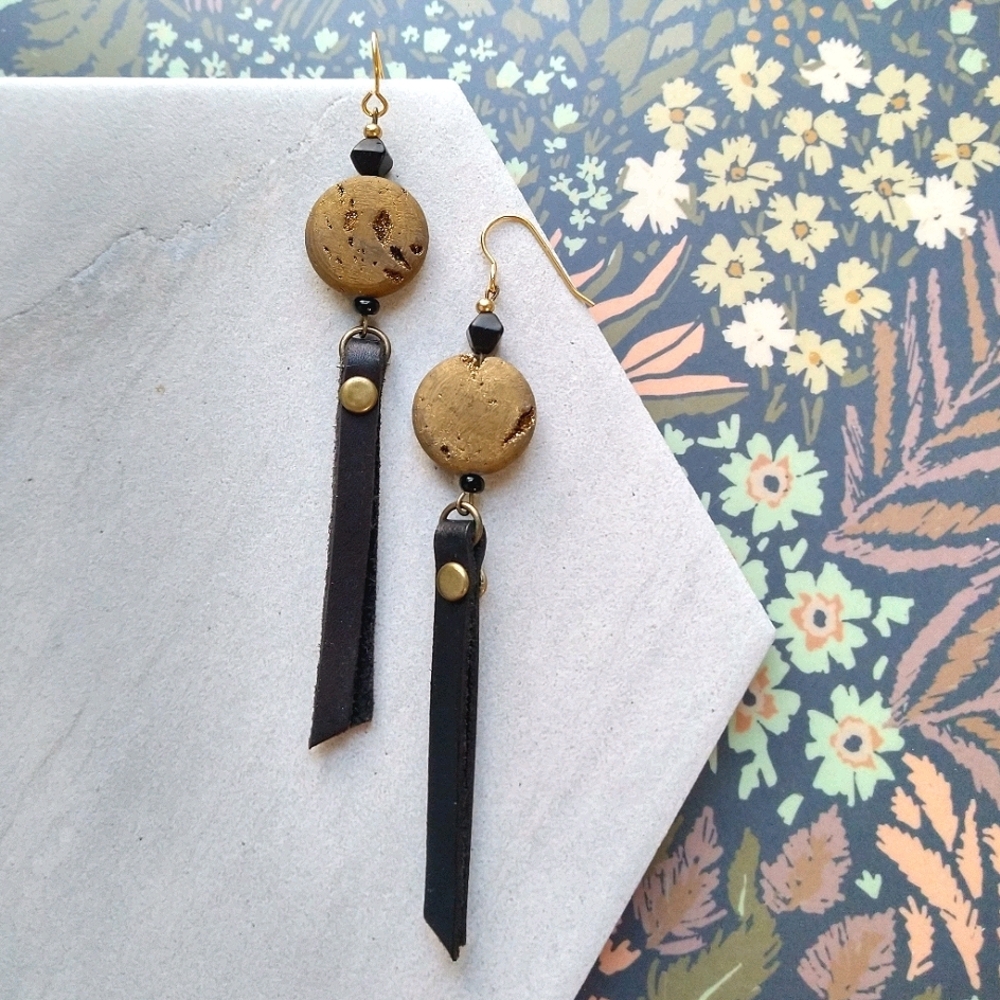 Natural Druzy Earrings Leather Gold Black Onyx